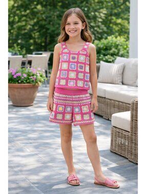 Design History Girl  Size Large Crochet Matching  Set Summer Boho Granny Square